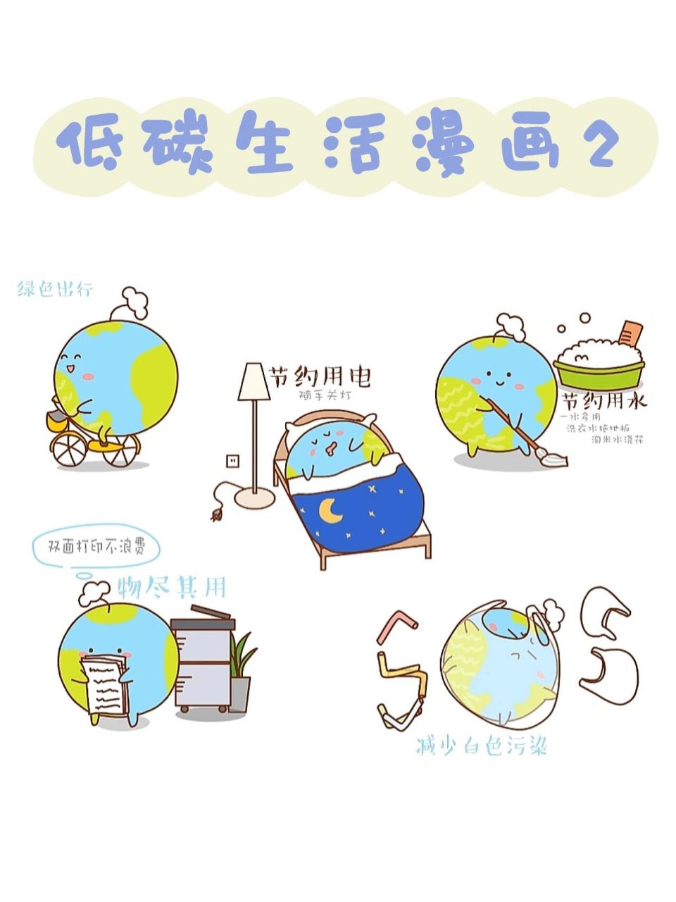 环保漫画|鲤小宝低碳生活漫画2 绿色出行,节约用水,用电,双面打印