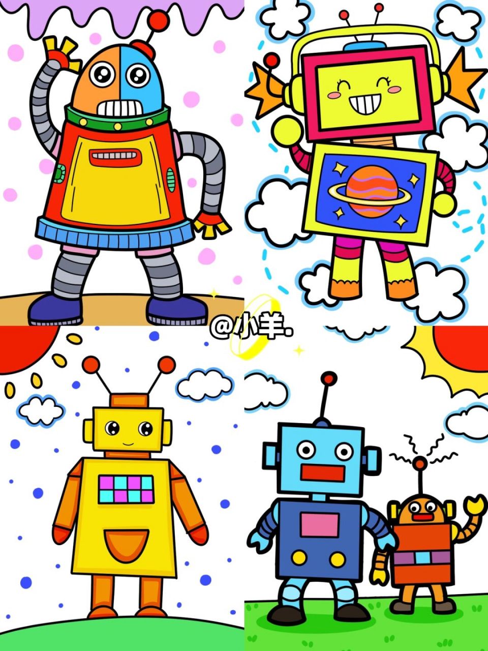 儿童简笔画机器人彩色图片