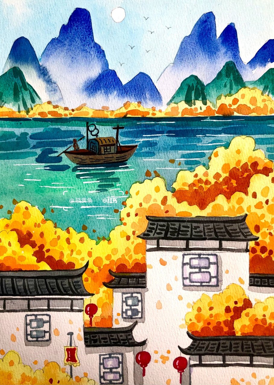 秋景水粉画 风景画图片