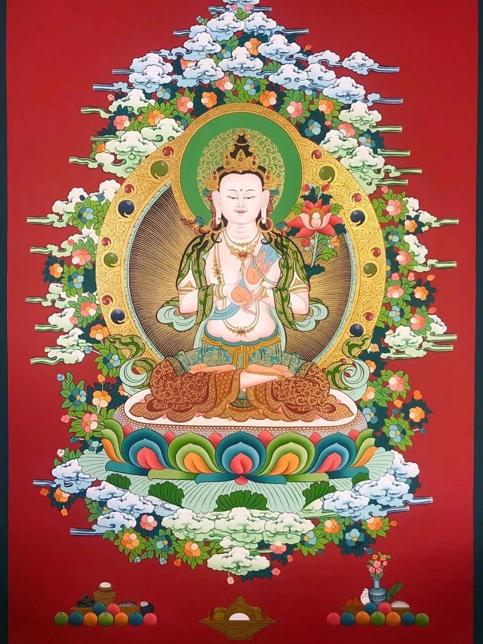 95尼泊尔收藏级红底彩唐 【大势至菩萨】24k纯金朱砂打底,上等矿料