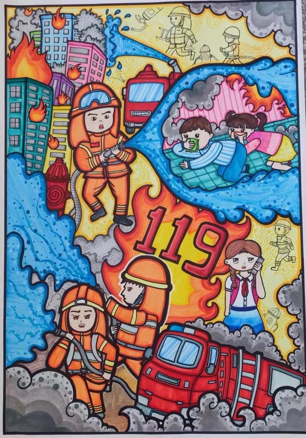 消防画 儿童创意画
