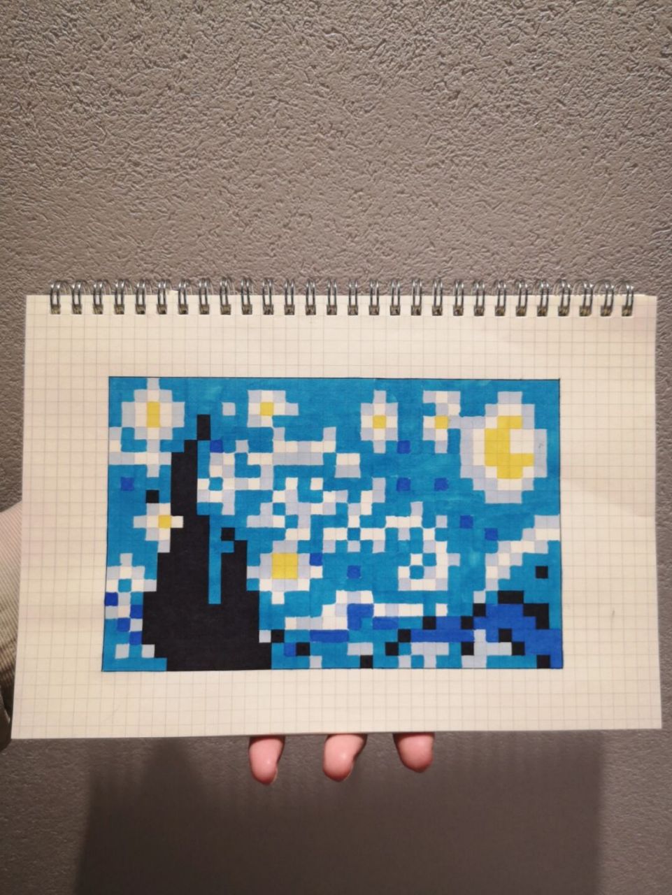 像素名画:《星月夜》梵高 临摹:桃丁酥酥_ #像素画# #星月夜