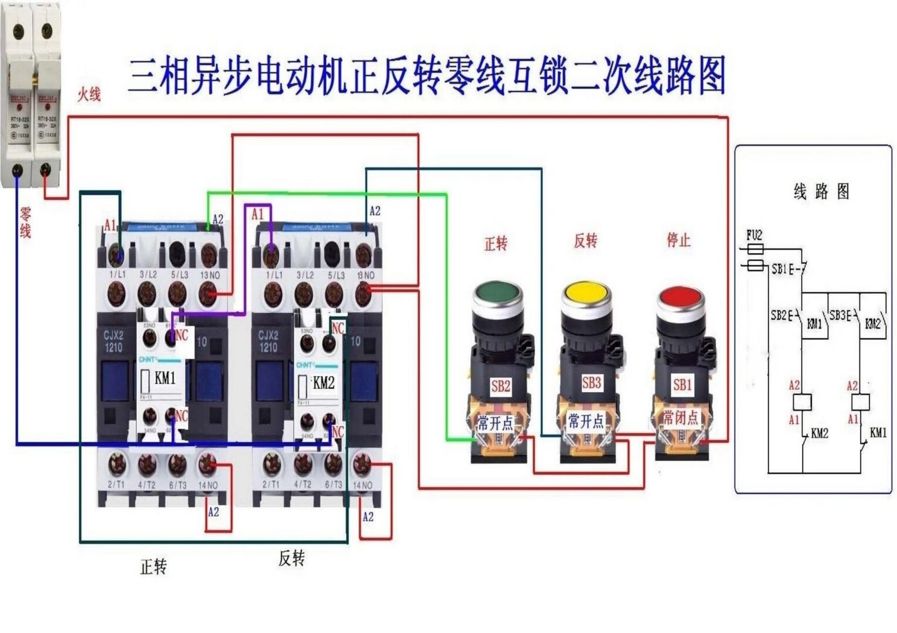 三相异步电动机正反转互锁二次控制线路!