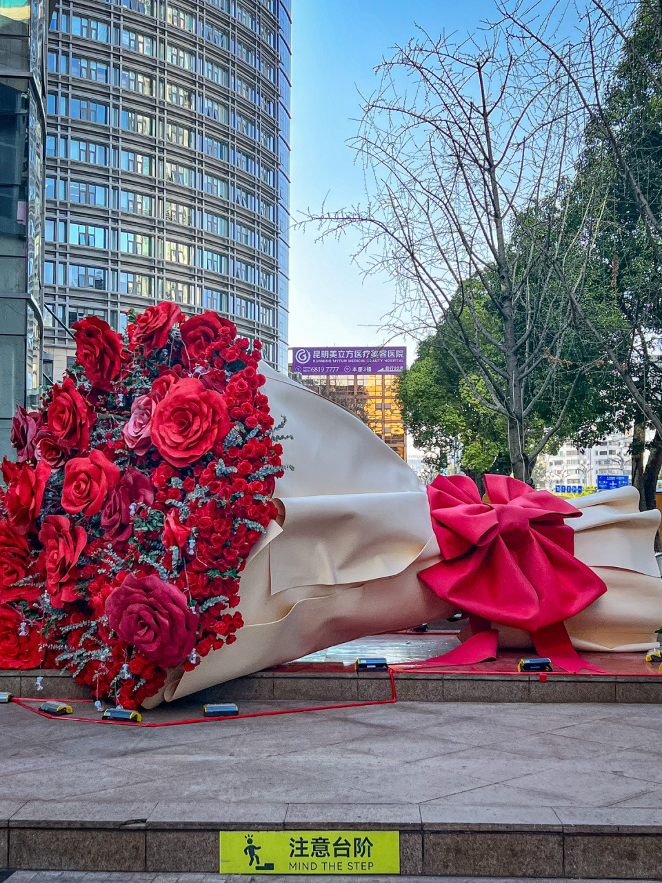 昆明市中心惊现巨型玫瑰花95云南人的浪漫 超出片的玫瑰花95 路过