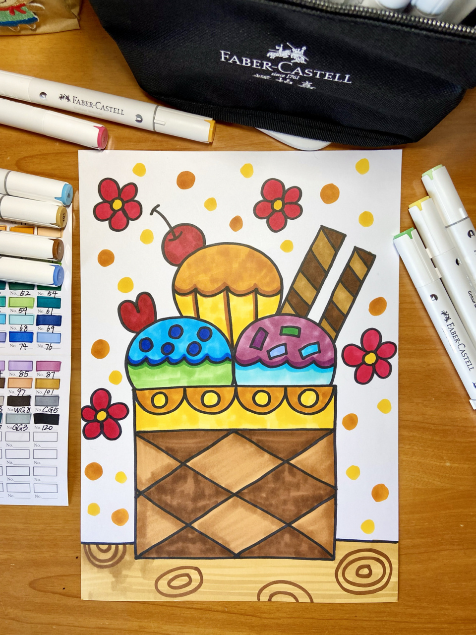 【夏日冰激淋90】辉柏嘉马克笔儿童画简单教程 原创儿童画,线稿图和