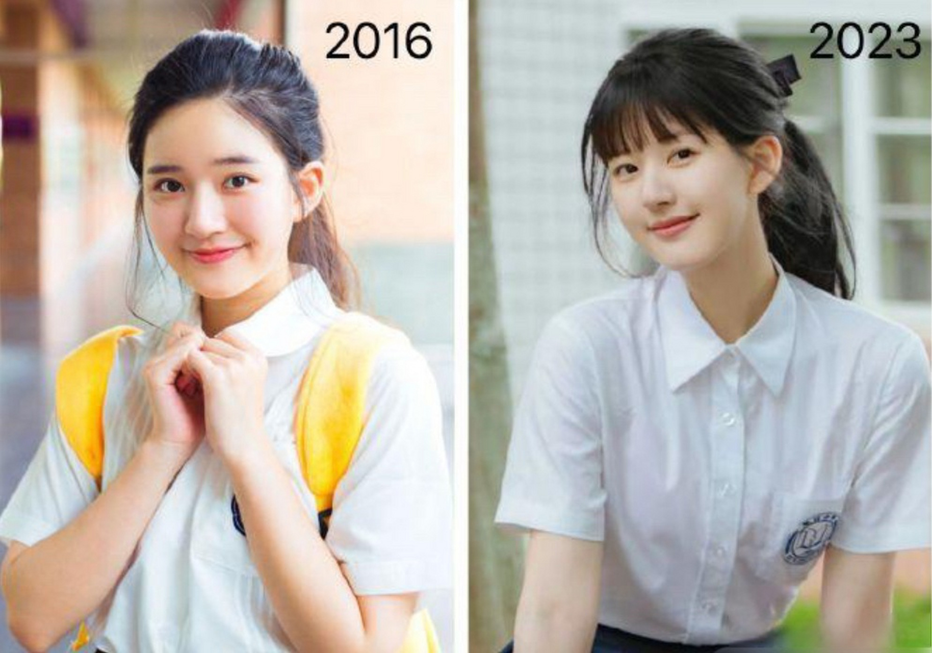 对比赵露思17岁和24岁的校园照,她强行留着齐刘海装嫩,眼神也失去了