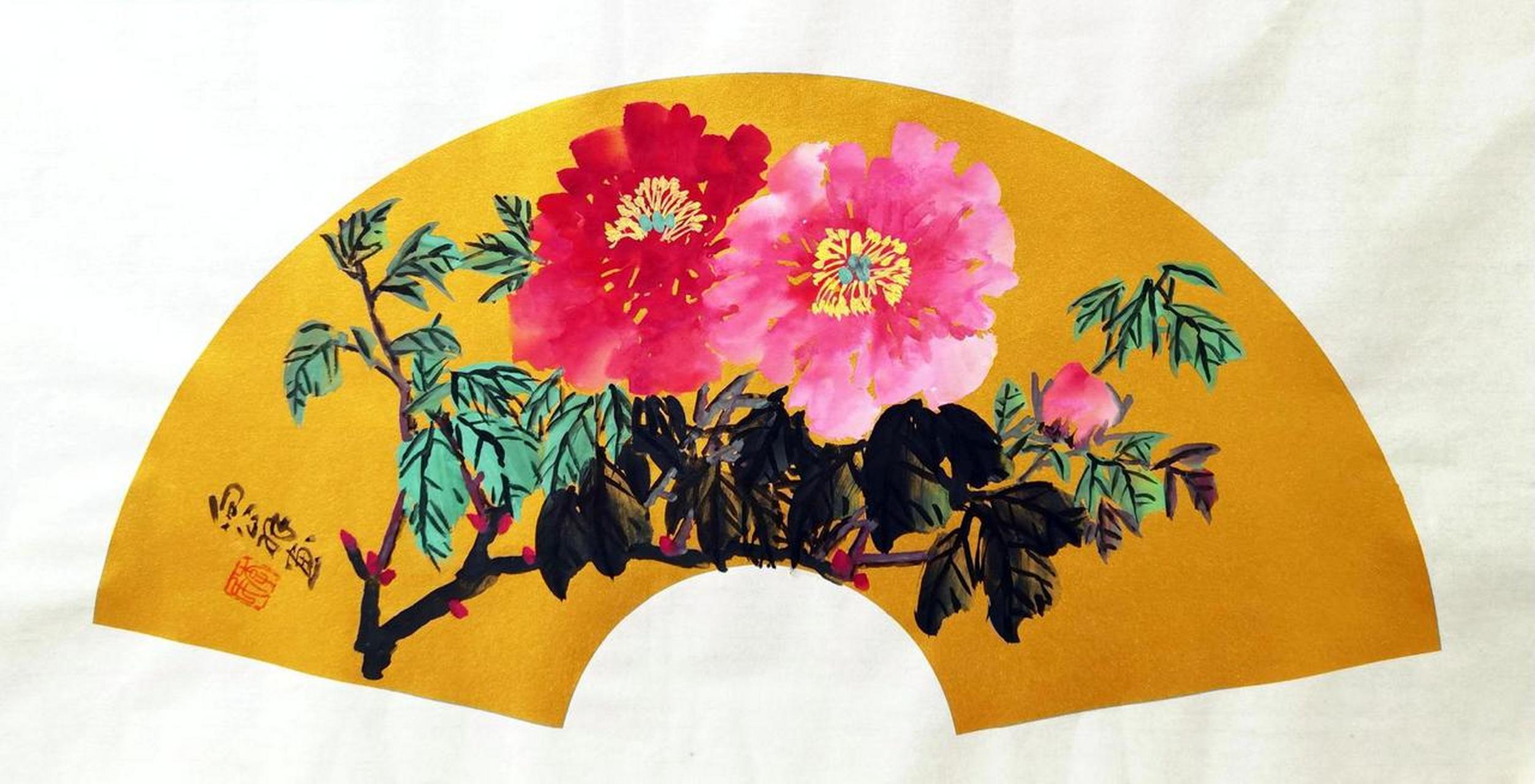 画扇面 国色天香牡丹花 画家李志向