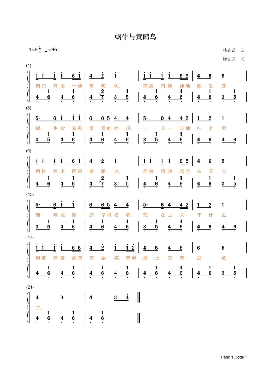 儿歌《蜗牛与黄鹂鸟》c,d,f大调双手简谱 第一张是c大调简谱 第二张是