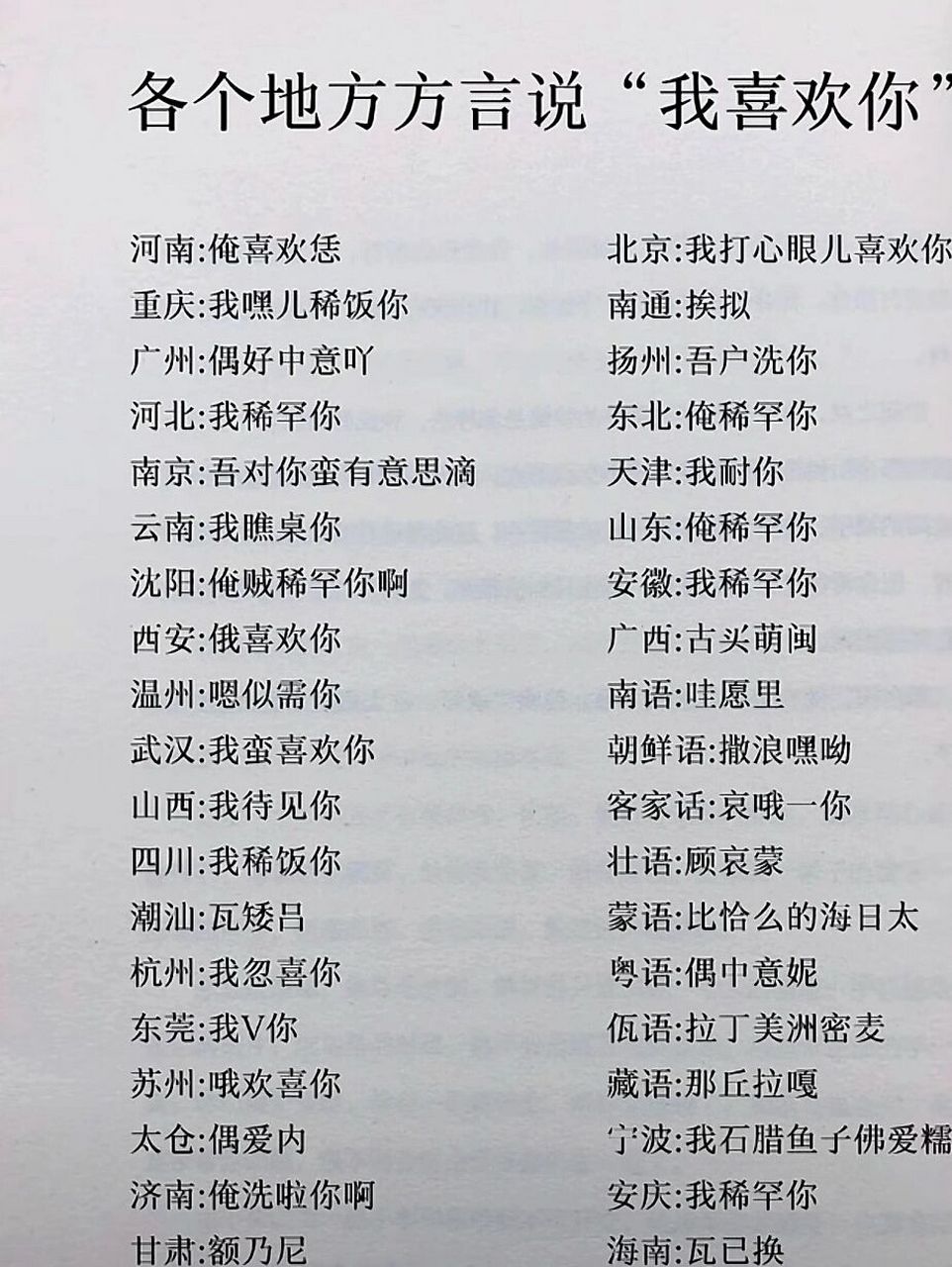 方言"喜欢你" 各个地方方言说"我喜欢你" 河南:俺喜欢恁 	 重庆:我嘿