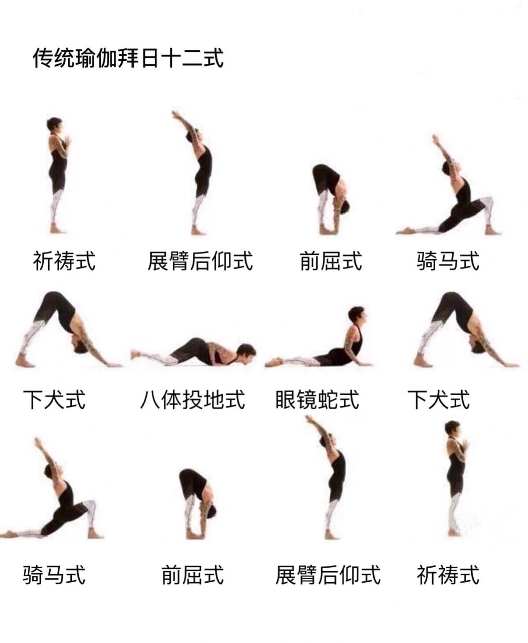 瑜伽拜日式 传统瑜伽拜日十二式: 	 1,祈祷式 2,展臂后仰式 3,前屈式