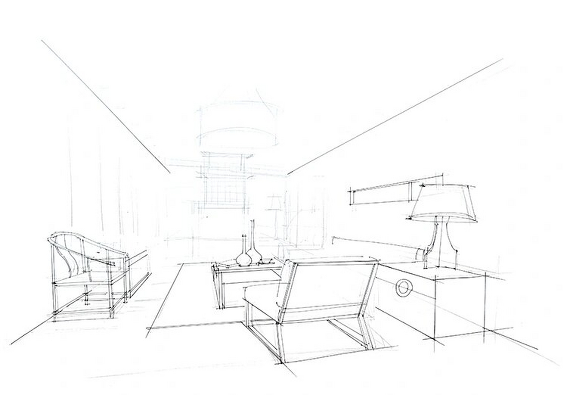 设计考研基础资料分享 资料内容 一点斜视客厅线稿表达 客厅线稿表现
