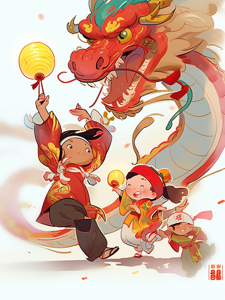 2024龙年年画/舞龙小孩/中国风卡通插画 魔法关键词  children fight