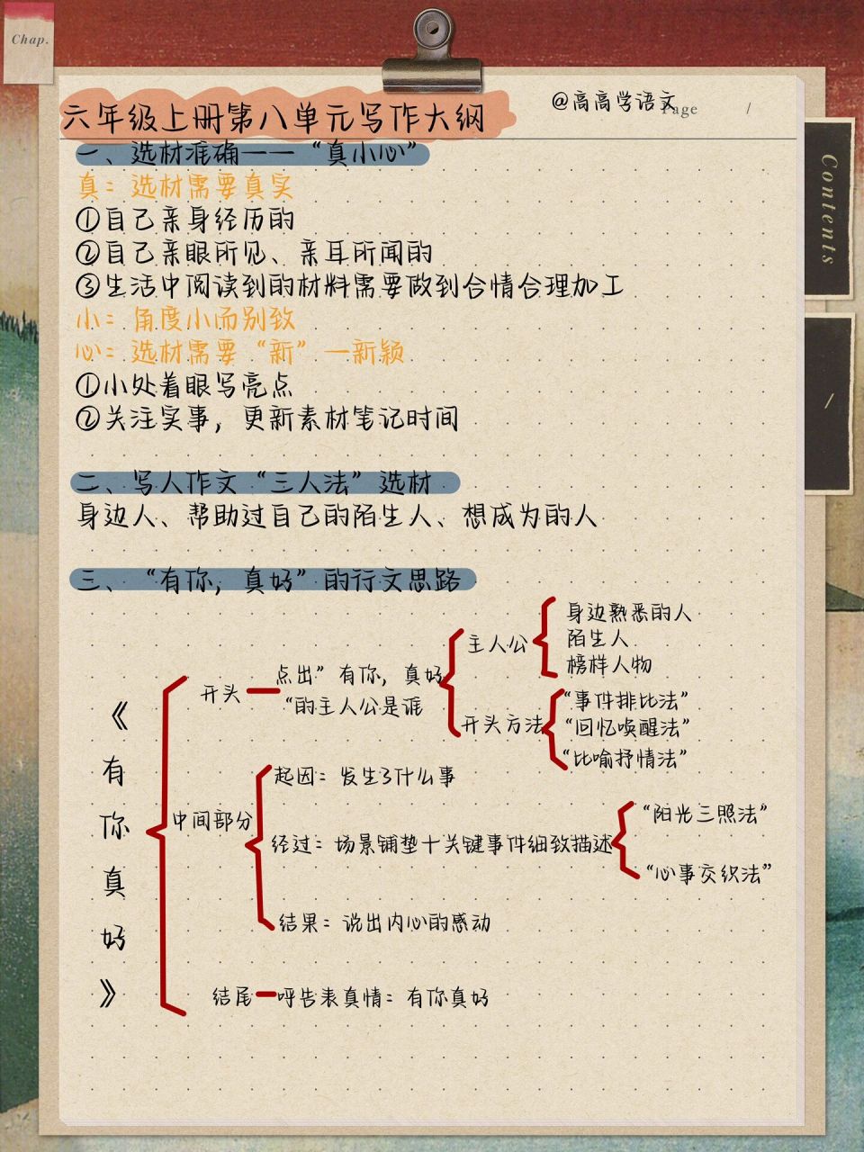 六上同步作文第八单元写作大纲|"有你,真好"