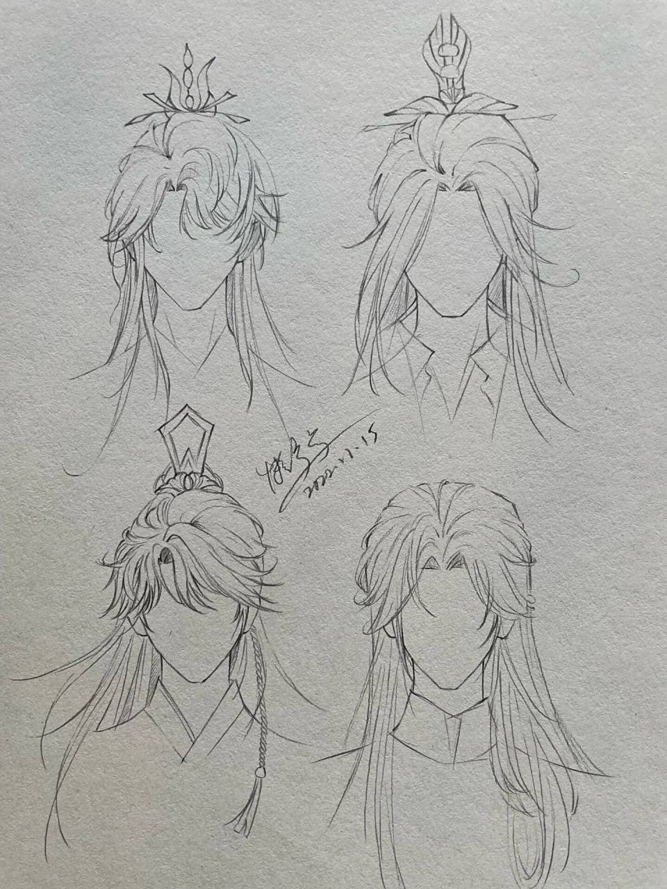 绘画日常|几款古风游戏男发型 练习临摹了一组游戏里的人物发型,一