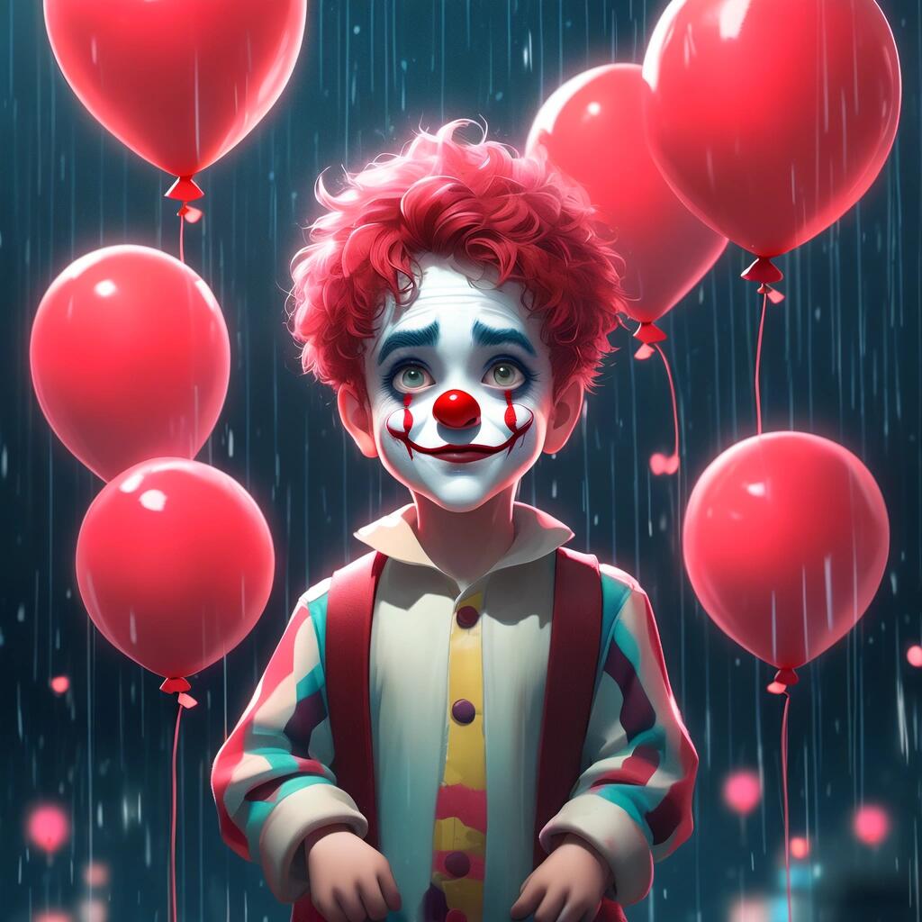 美丽的小丑 美丽的男孩画了一个小丑,拿着 十个红色气球,站在黑暗的