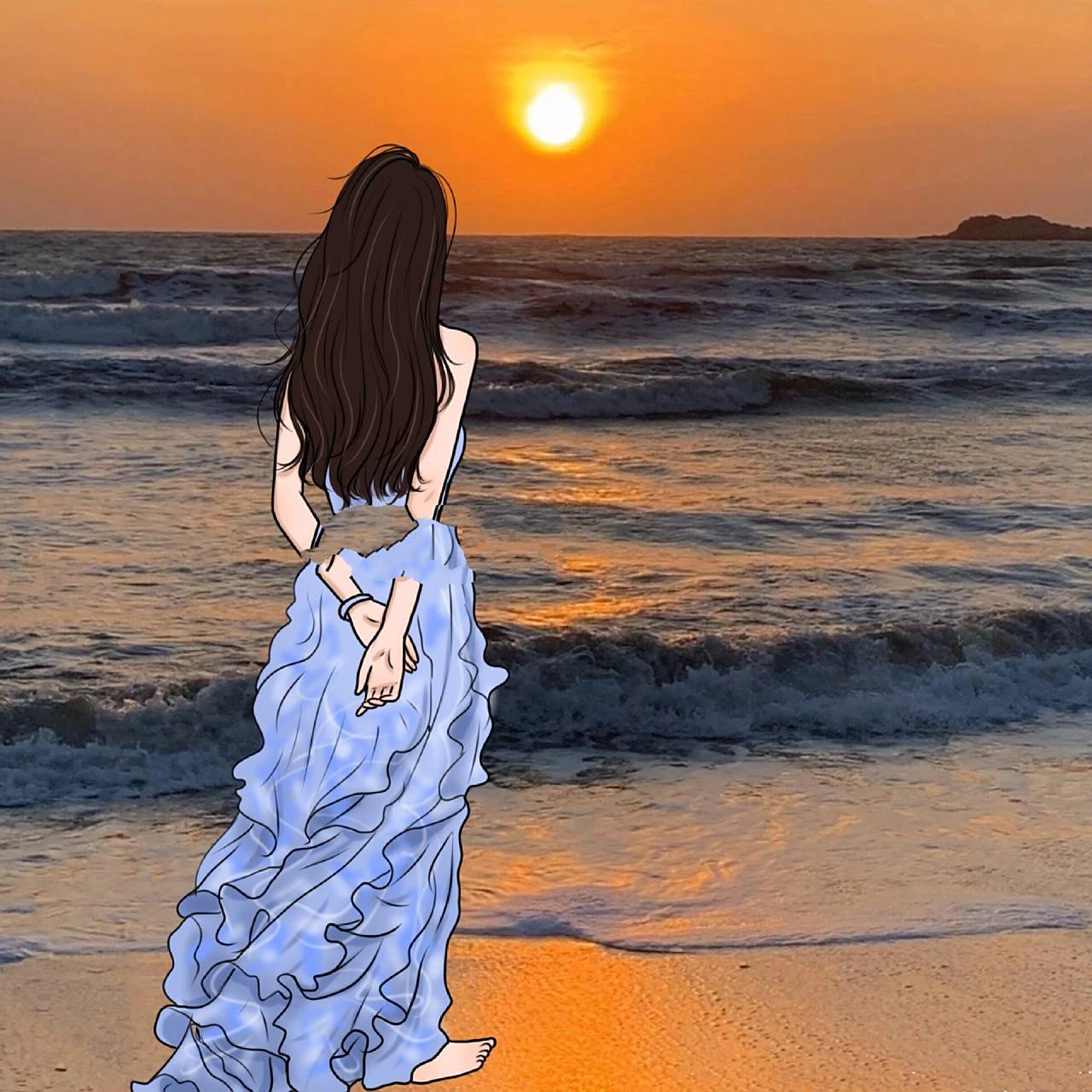 海边女生背影手绘