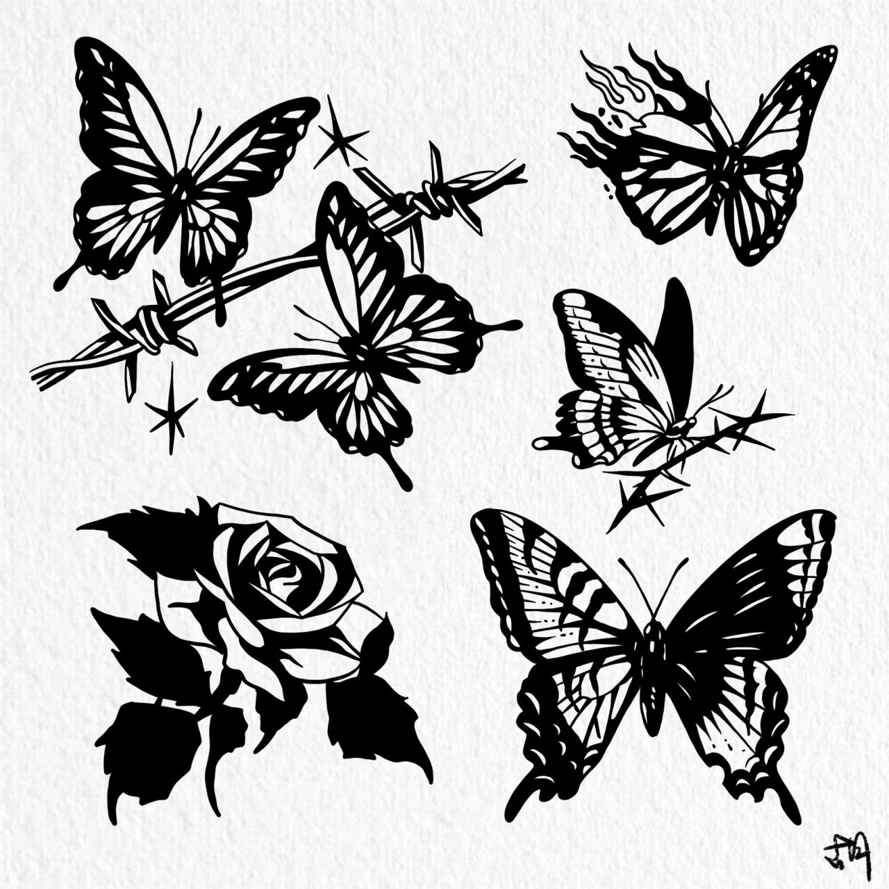 blackwork暗黑纹身手稿 黑色小图 蝴蝶03 蝴蝶素材一直是热门 画一