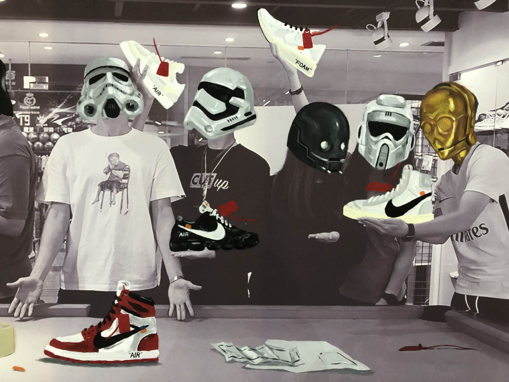 店里这幅画是一个店员画的,真牛,全套off white x nike 联名惟妙惟肖