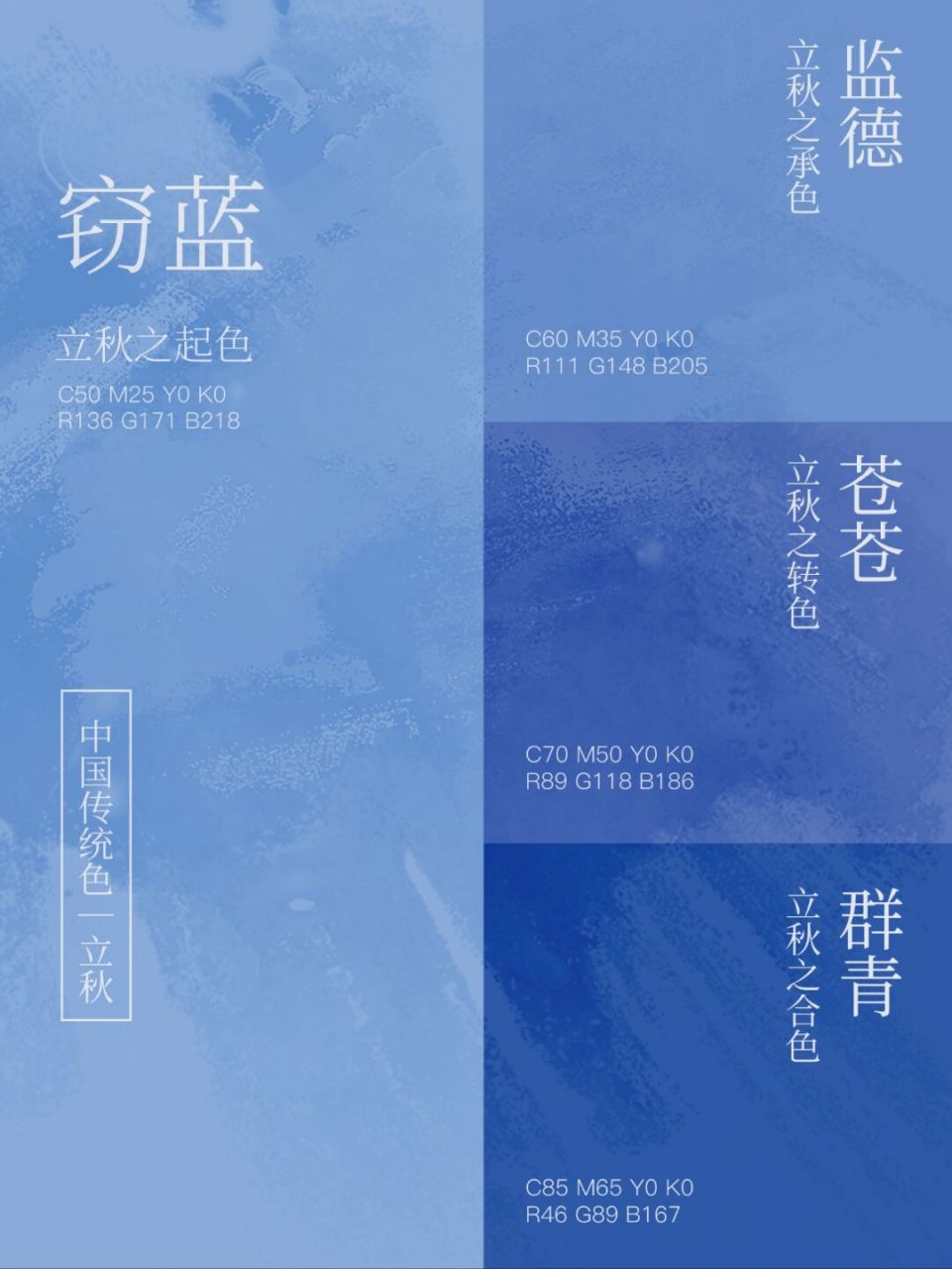 中国传统色|立秋 窃蓝-立秋之起色 c50m25y0k0 r136g171b218 浅蓝色