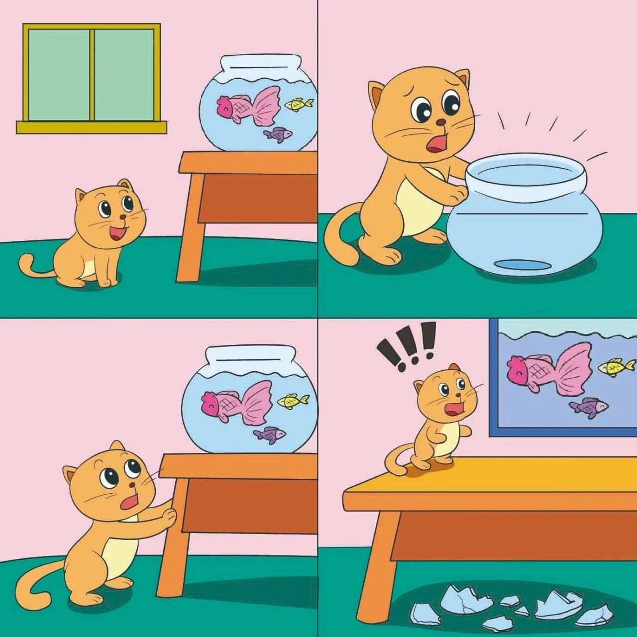 看图写话《迷糊的小猫》 这一天,一只小猫发现主人家桌子上的鱼缸里