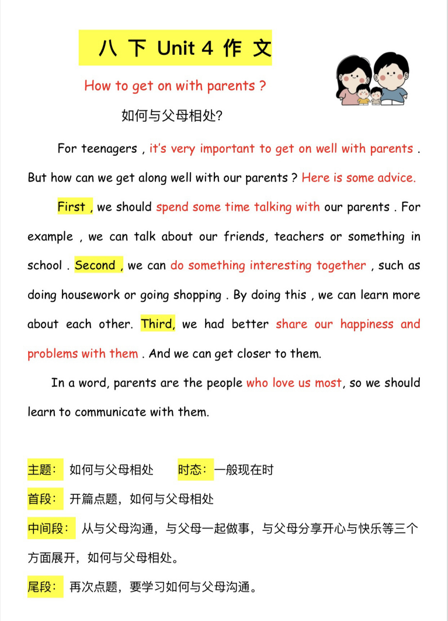 92人教版八下英語第四單元作文 如何與父母相處,期中高頻話題,中考