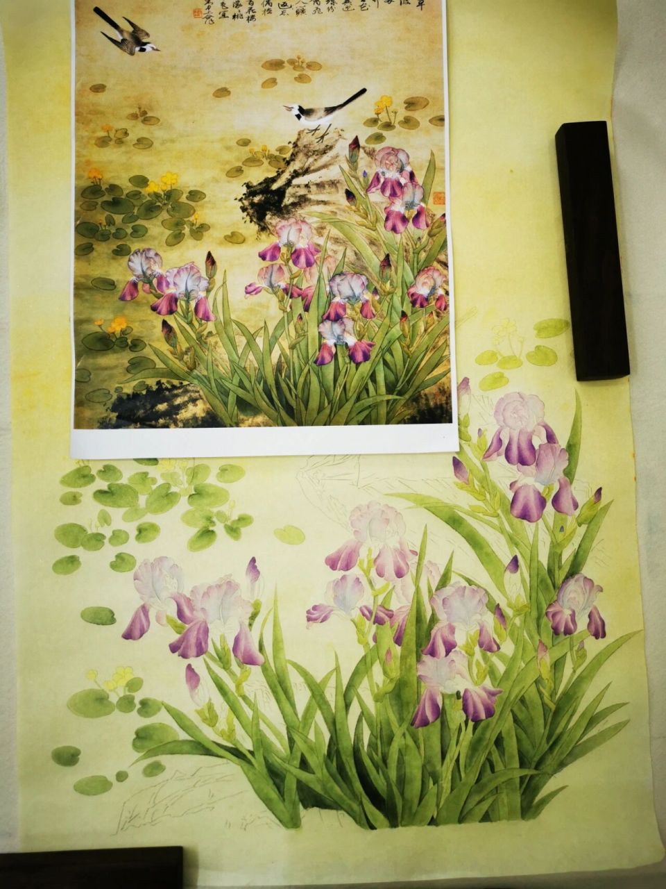 今日完成:工笔画《鸢尾花》 97步骤一:用中墨较细的线勾勒花瓣外