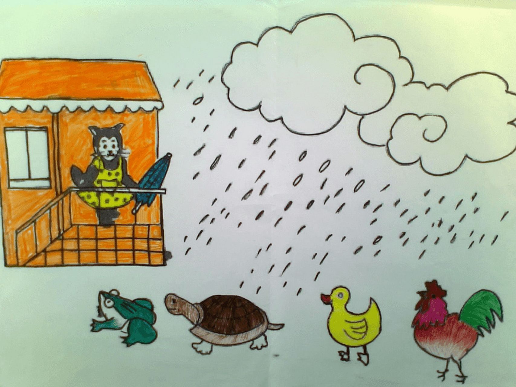 小猫送伞看图写话指导 雨伞送给谁 有一天,小青蛙,小乌龟,小鸭和小鸡