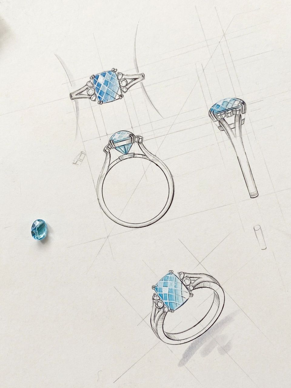 珠宝手绘|戒指三视图 打卡今日绘图94 分享一下课