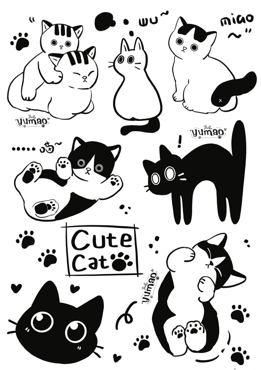 可爱涂鸦猫咪93|简笔画|黑白线稿 这是谁的小猫咪呀