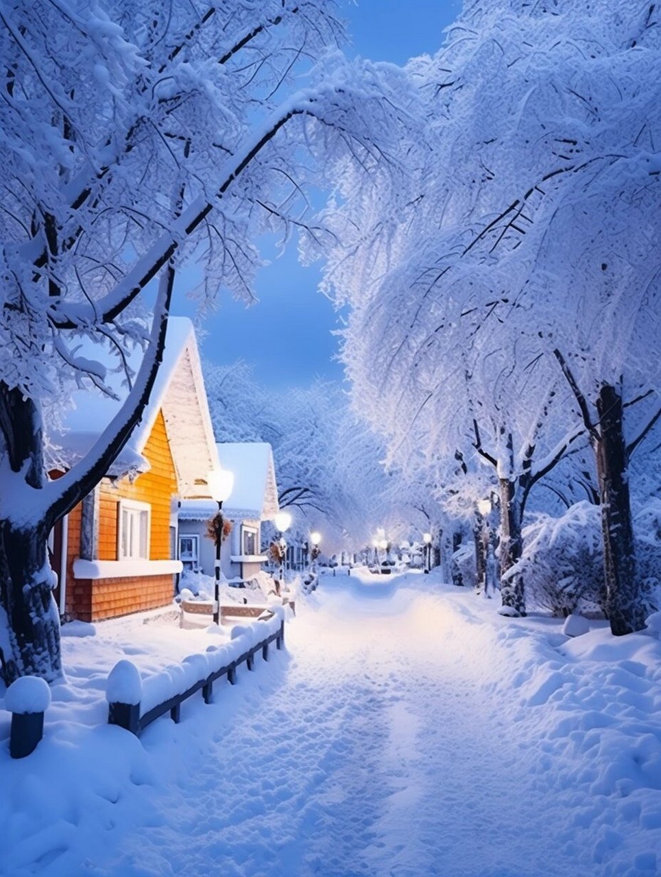 美丽的雪景,村庄被大雪覆盖,白樟树,冰花,平房和树木被厚厚的雪覆盖
