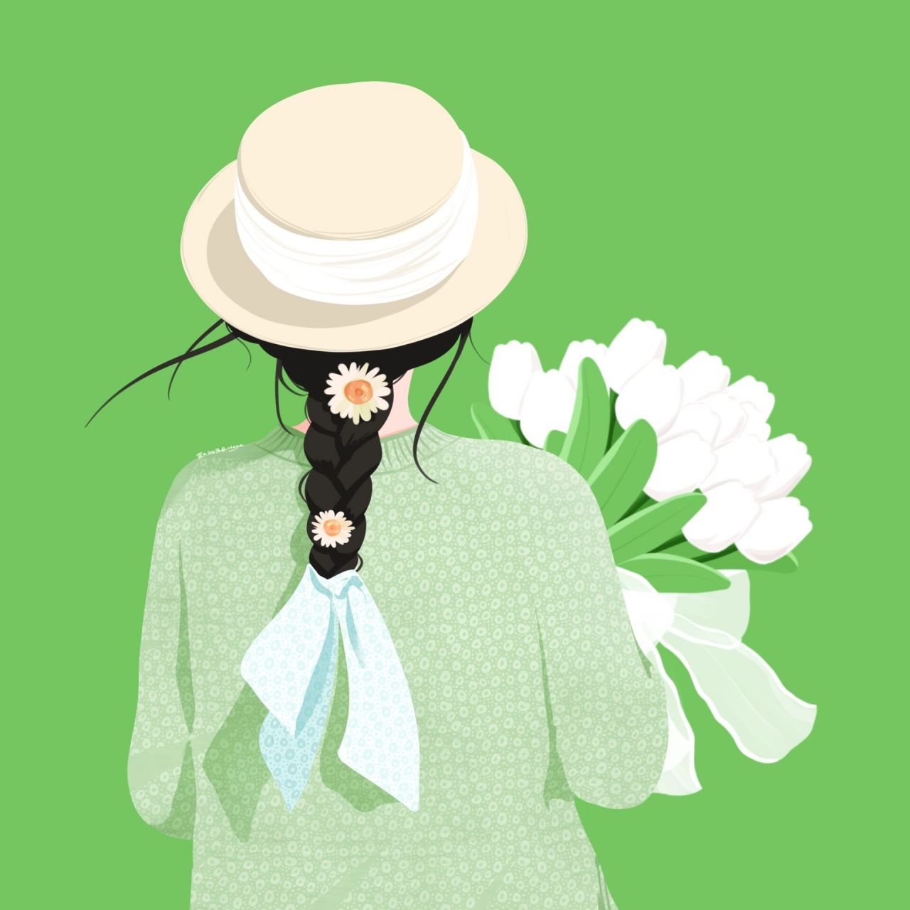 插画头像 | 可爱的捧花女孩背影头像 春天和花花更配哦~ 背景多种配色