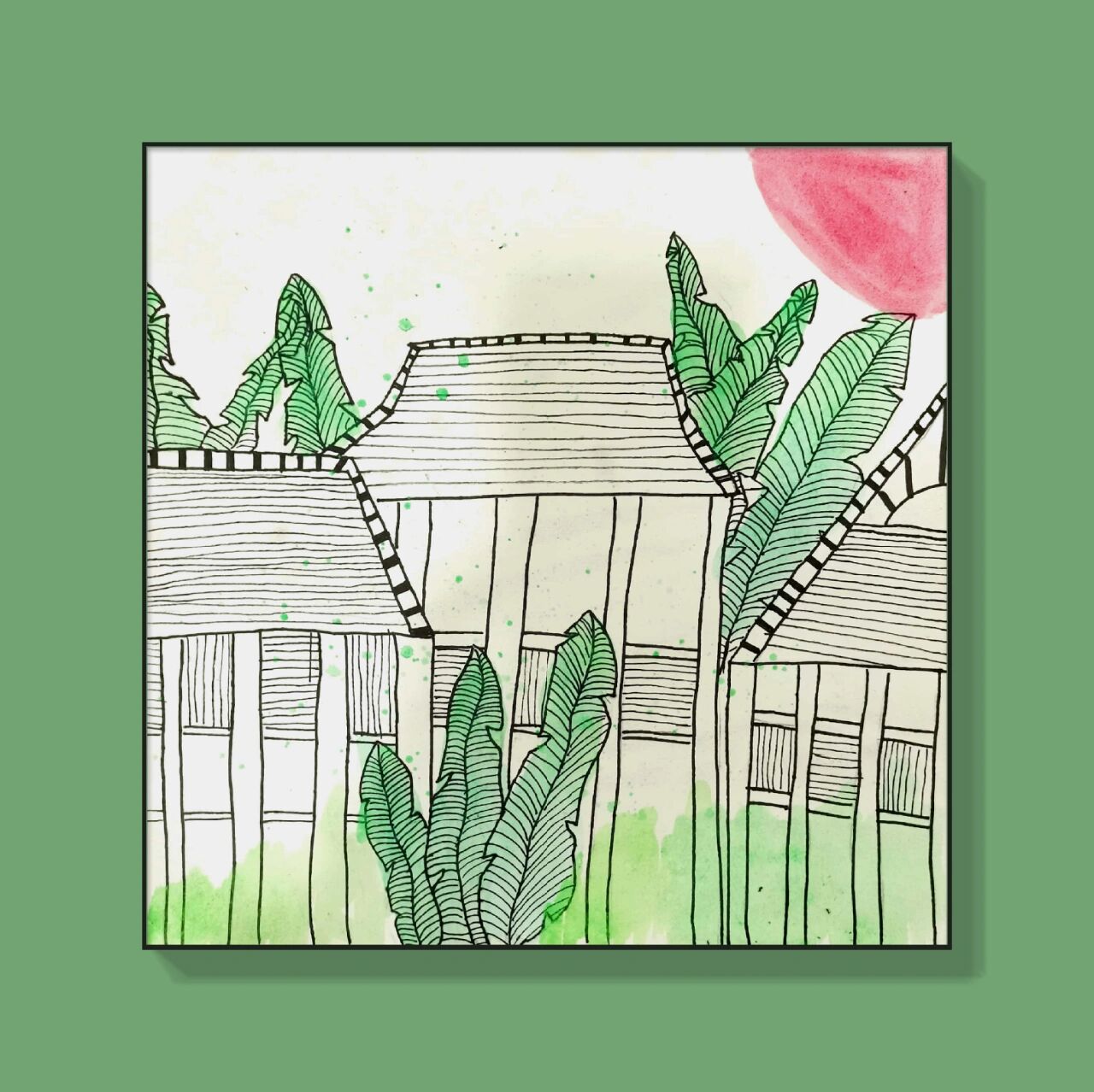 暑期儿童创意绘画作品78傣族竹楼