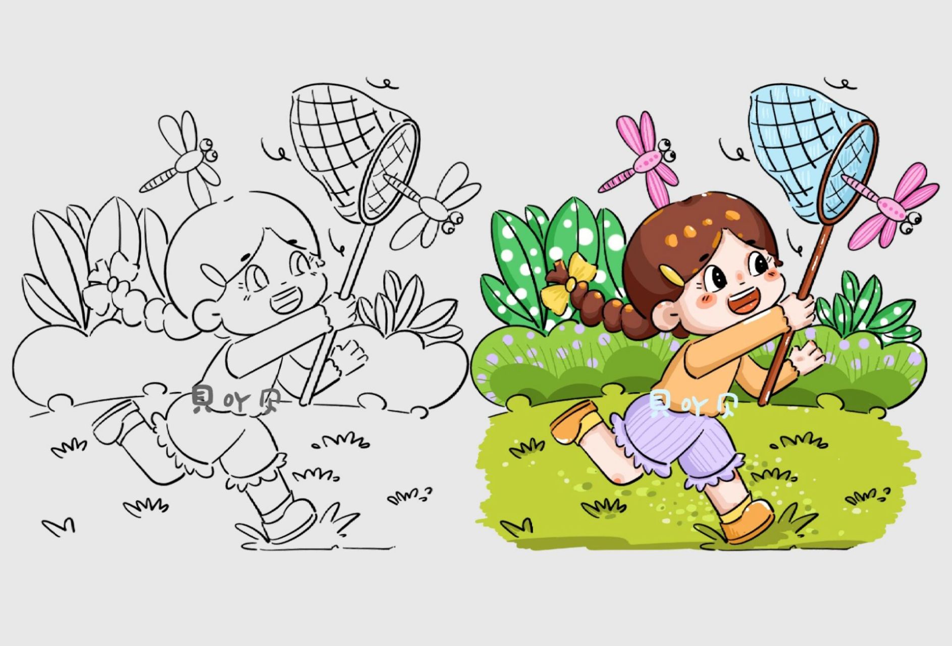 儿童画人物设计—扑蜻蜓的小女孩 春日记忆 童年乐事 和小蜻蜓一起