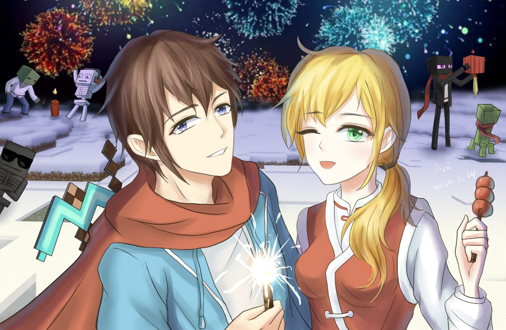 steve和alex的新年贺图 感谢有mc陪伴的一年!