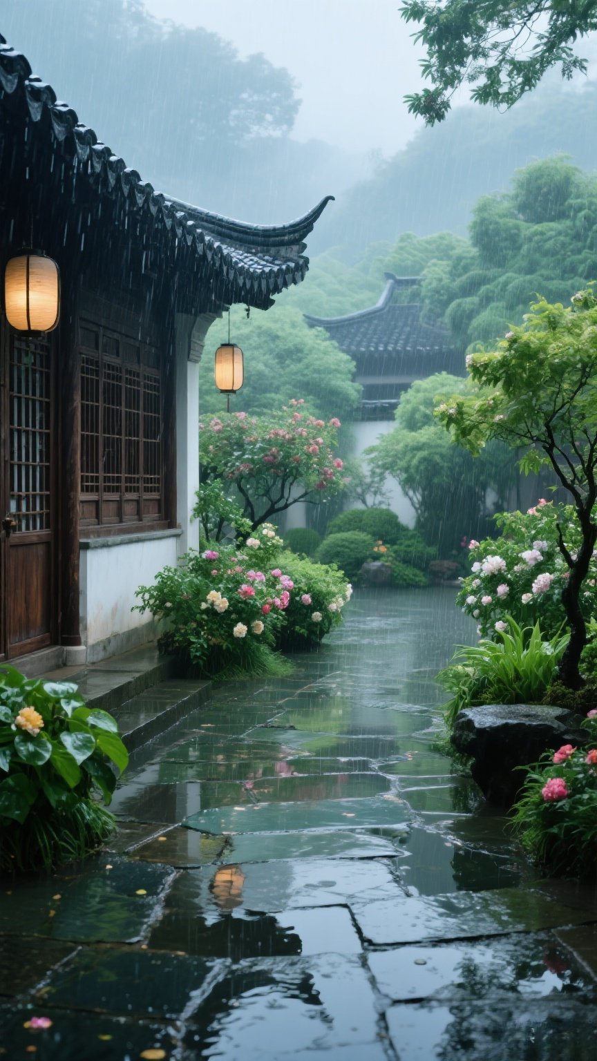 黛瓦,木窗,朦胧雨幕,灯笼晕黄添韵