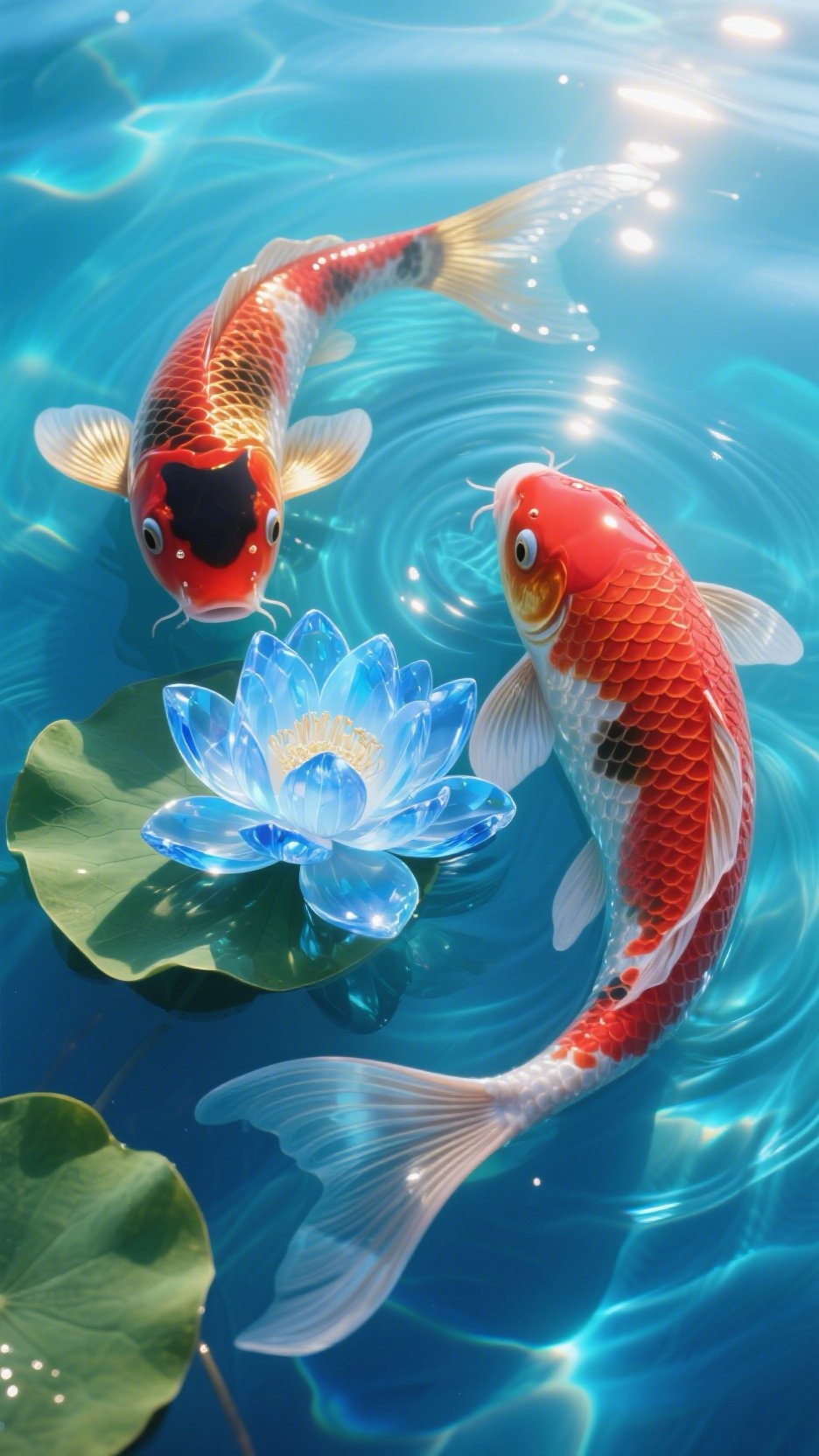 《水镜丹鳞映福绶》碧波轻漾处,锦鲤翩然戏水,红鳞映日如流霞,墨斑