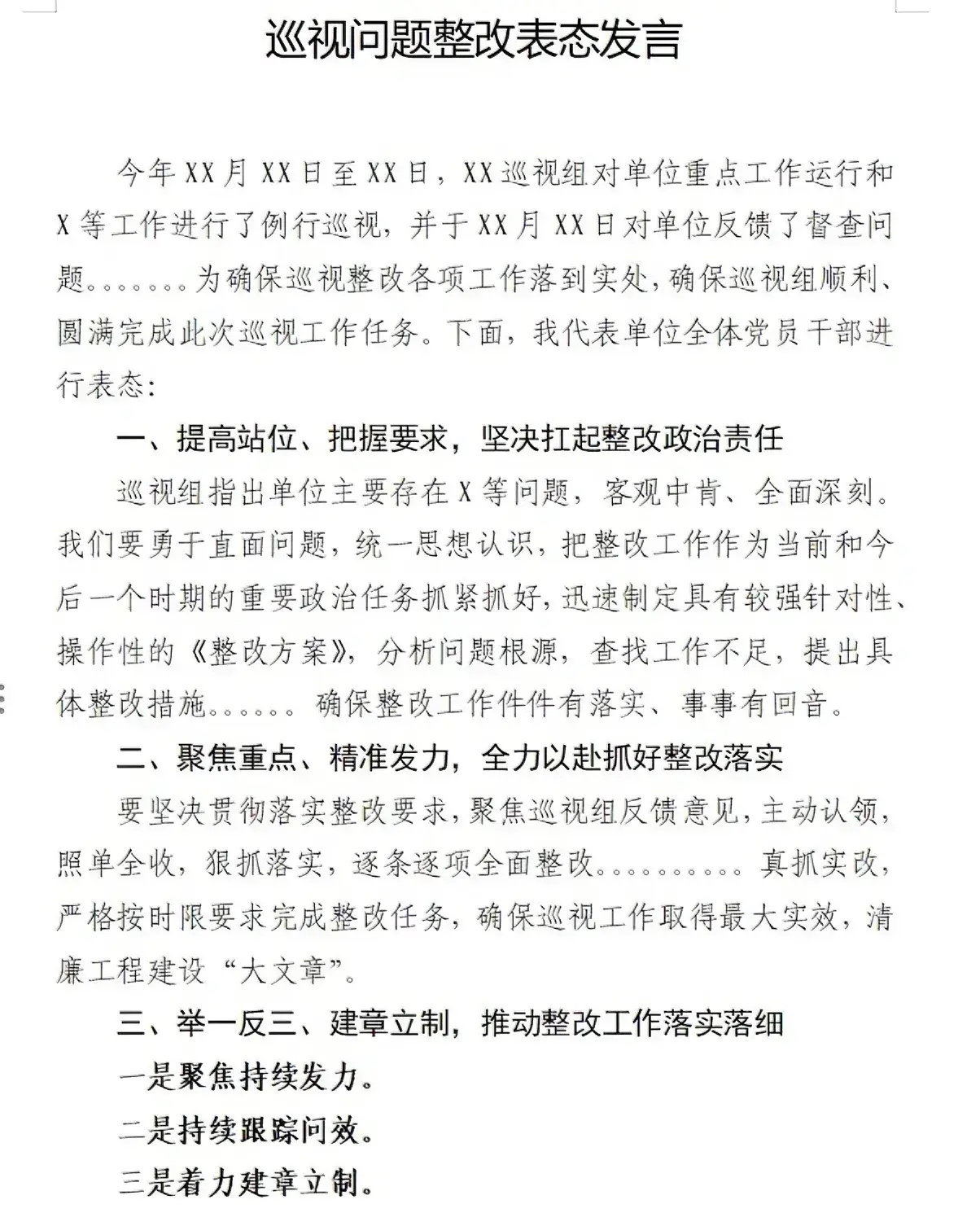 巡视问题整改表态发言范文