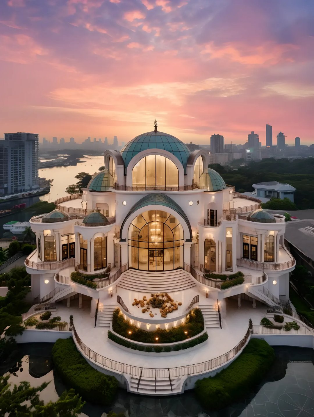 我看到上面有一个圆形建筑,还有好多台阶