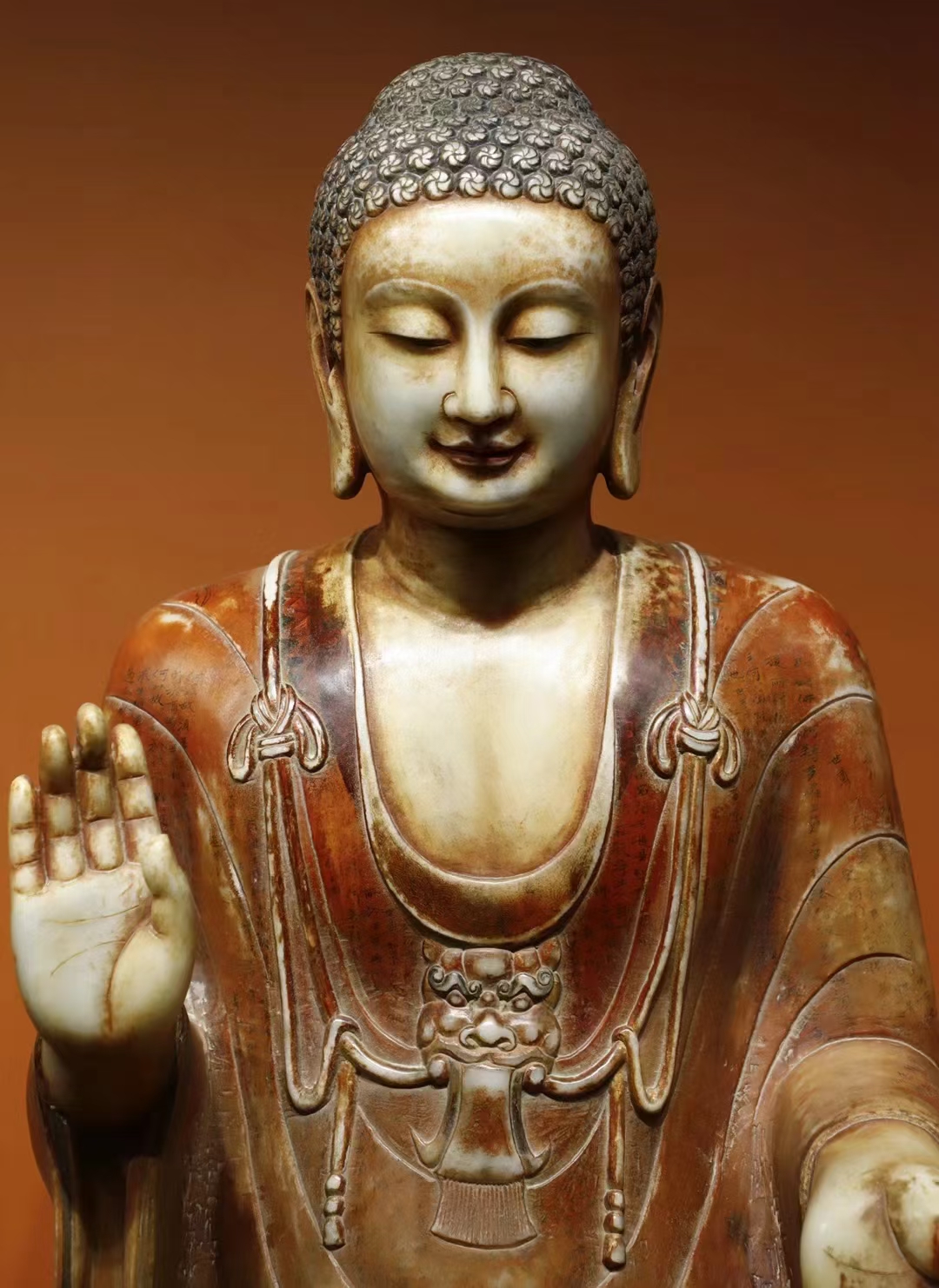 北齐 汉白玉彩绘 大佛 工艺精美,手绘经文 高105cm 宽74cm 厚60cm