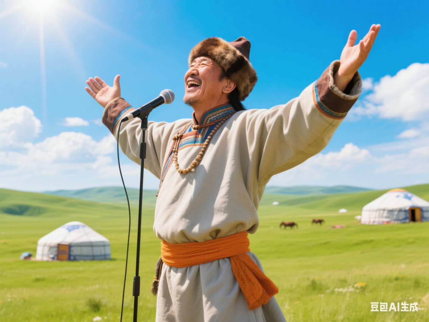 人在草原上唱歌蒙古人唱歌图蒙古男人在无垠草原歌唱照片蒙古族腾格尔