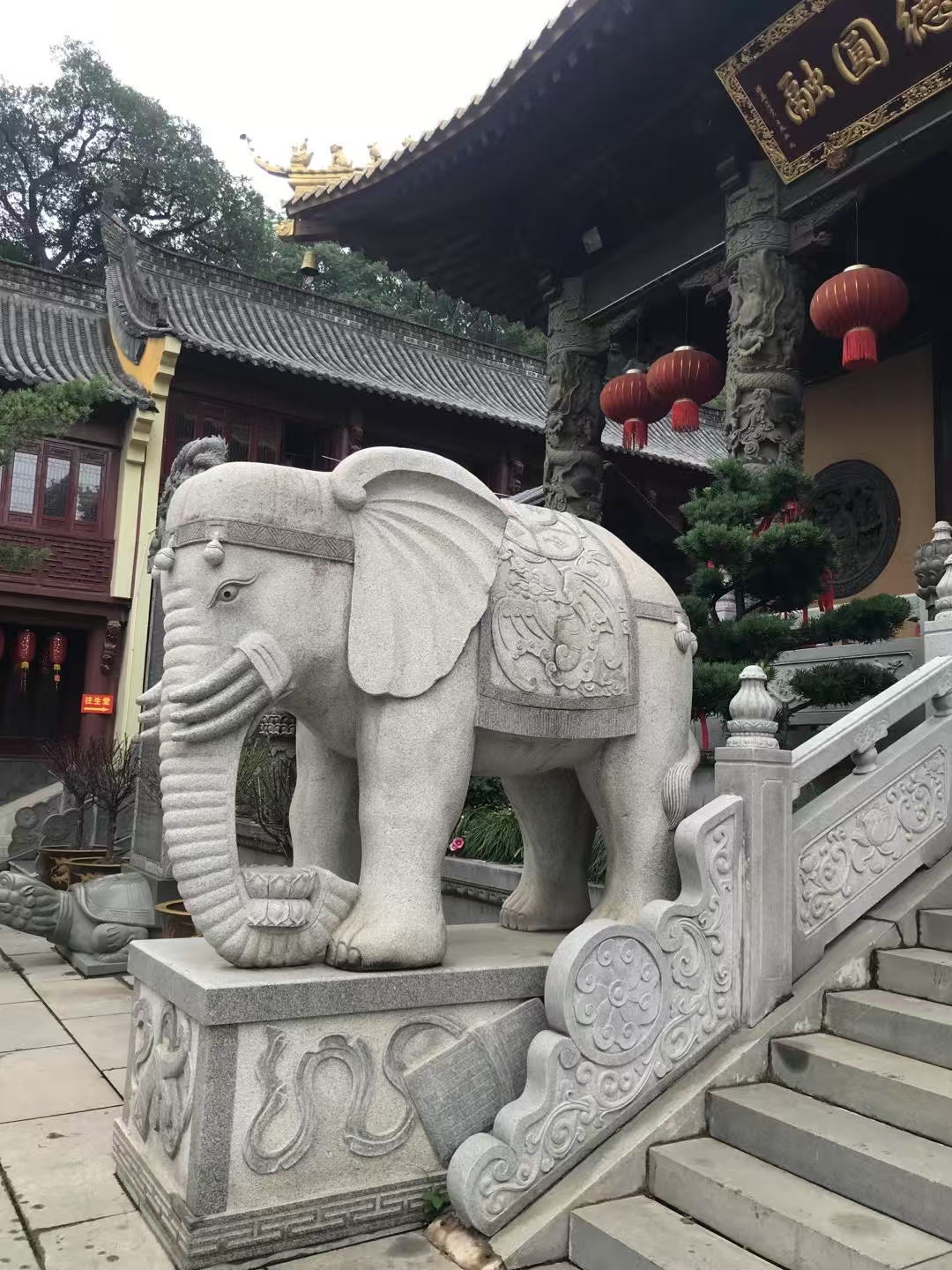 哇,这尊大象雕像好有气势,站在庙宇