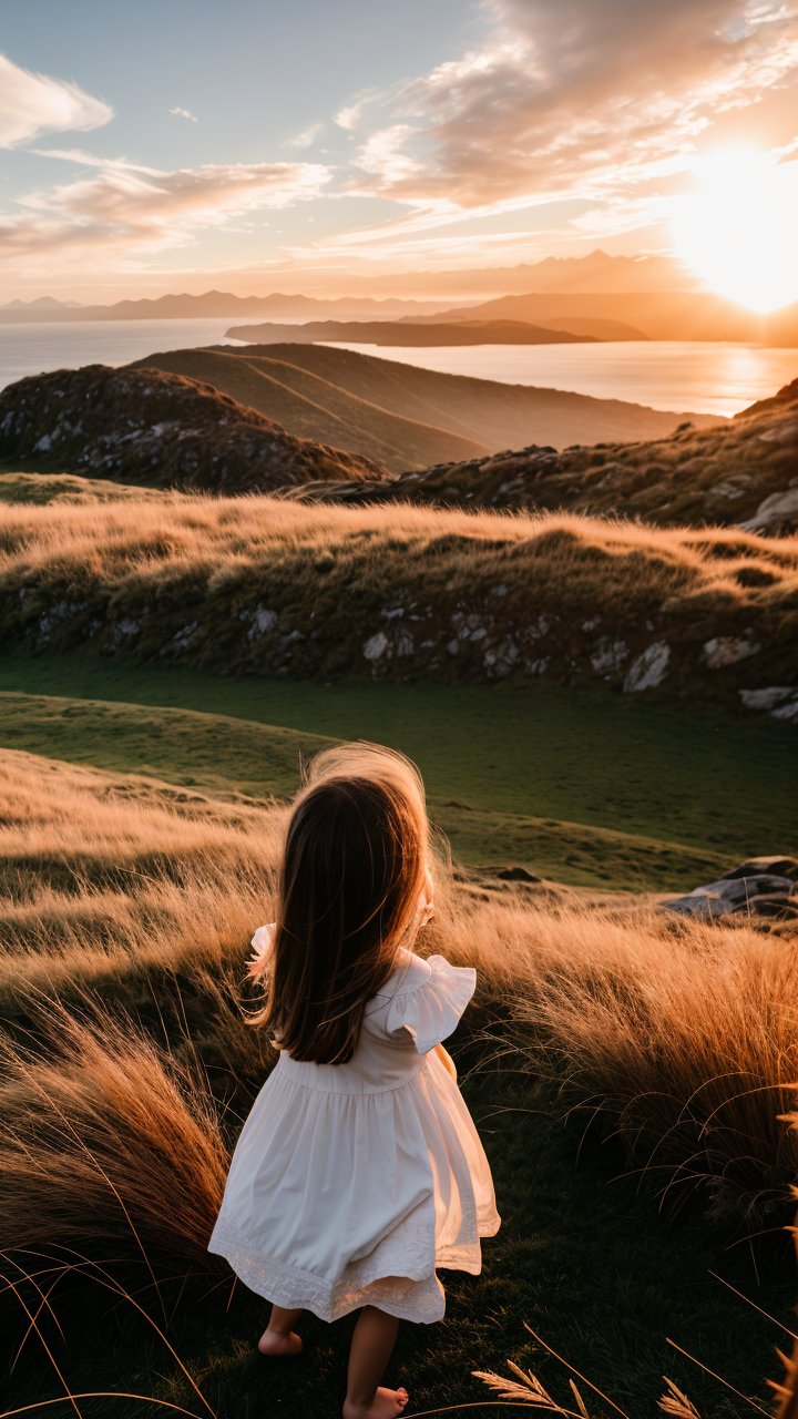 在落日余晖中,一个穿着白色裙子的小女孩站在山顶,欣赏着壮丽的夕阳