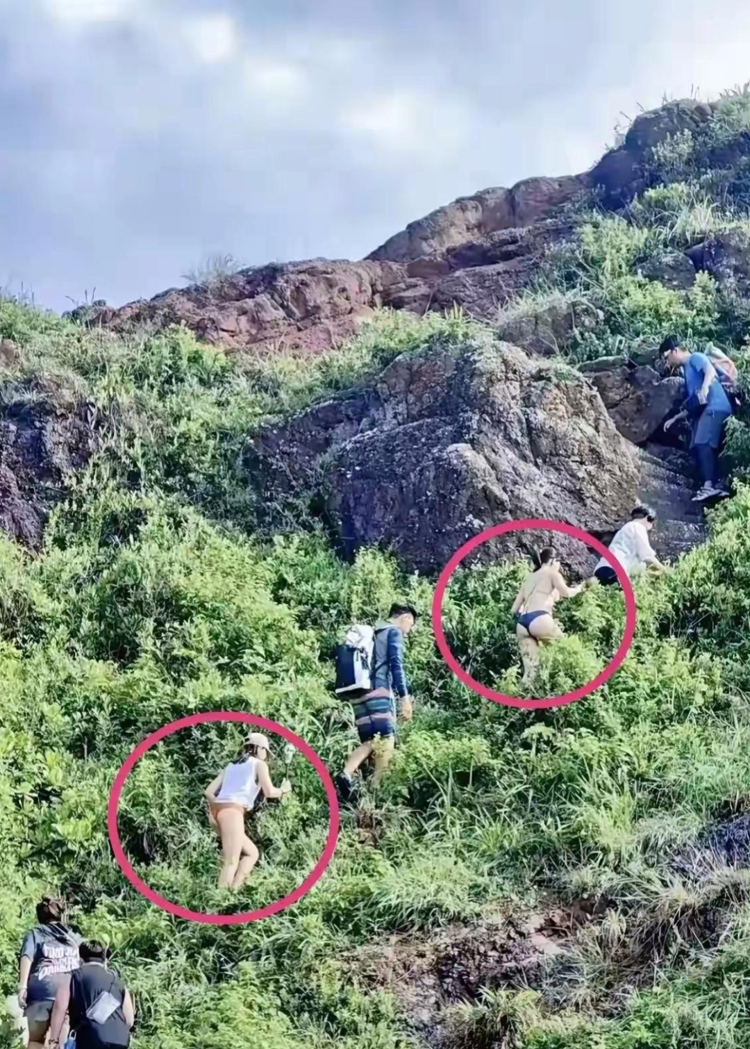 当他们爬到半山腰的时候,我竟发现其中有两个女生的穿着打扮在爬山时