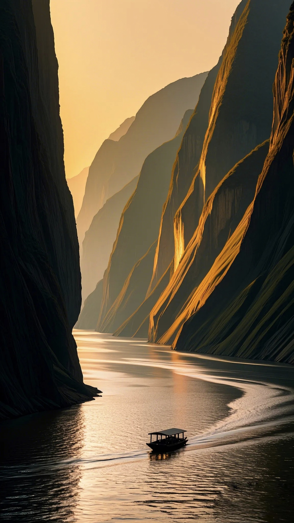 落日余晖染黄天空,群山,江水,天空融为一体