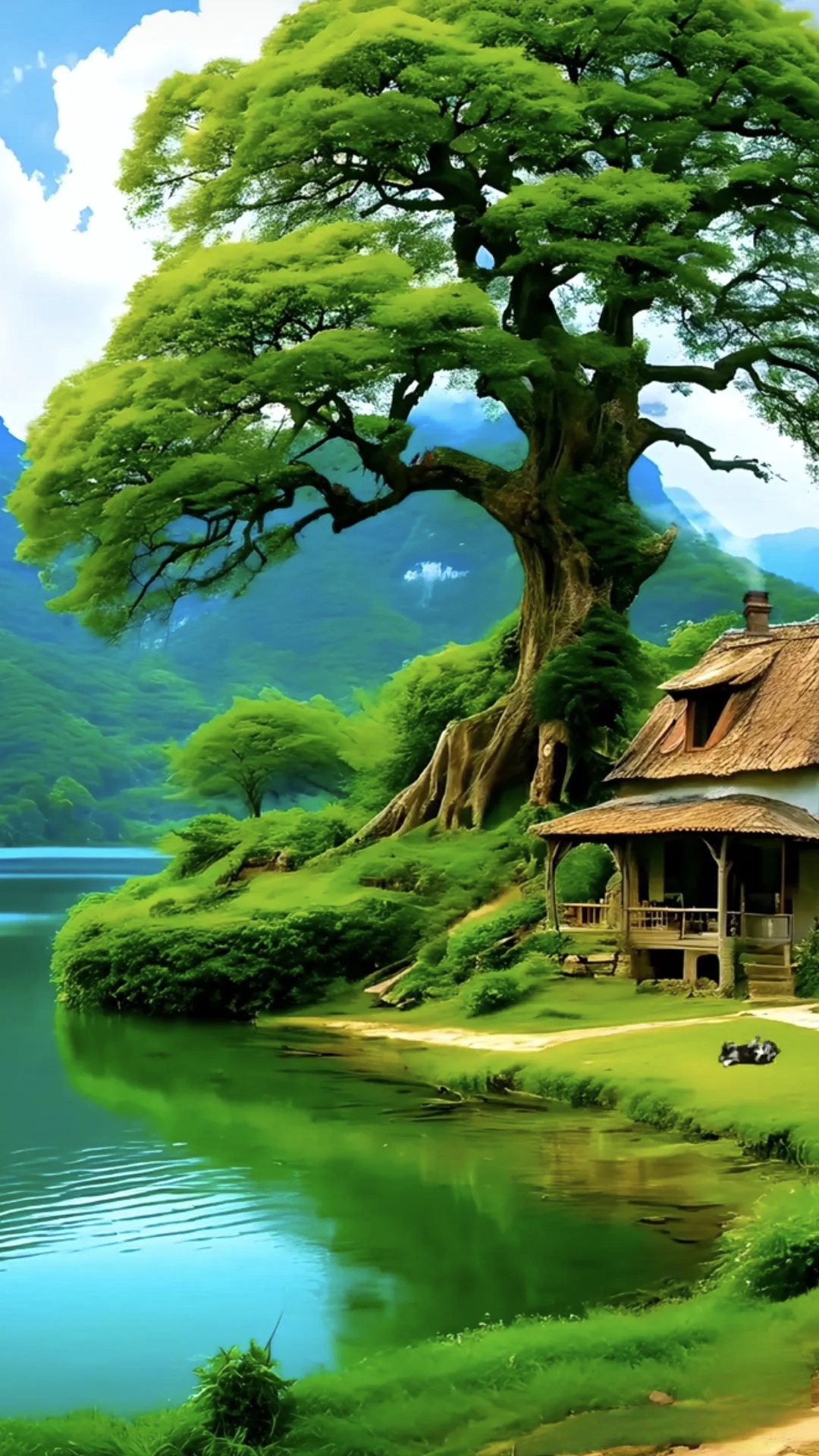 绿荫浓阴掩小屋,山水相映显清幽. 门前溪水潺潺过,静享自然好时光