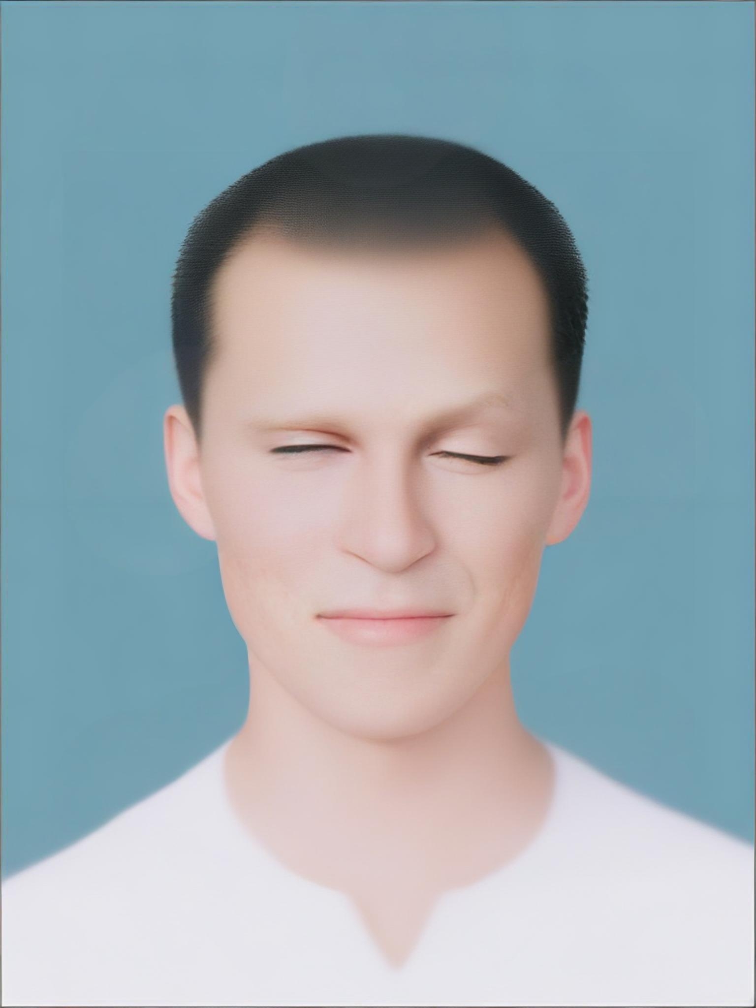 白色上衣配浅蓝背景,闭眼微笑的瞬间仿佛按下暂停键