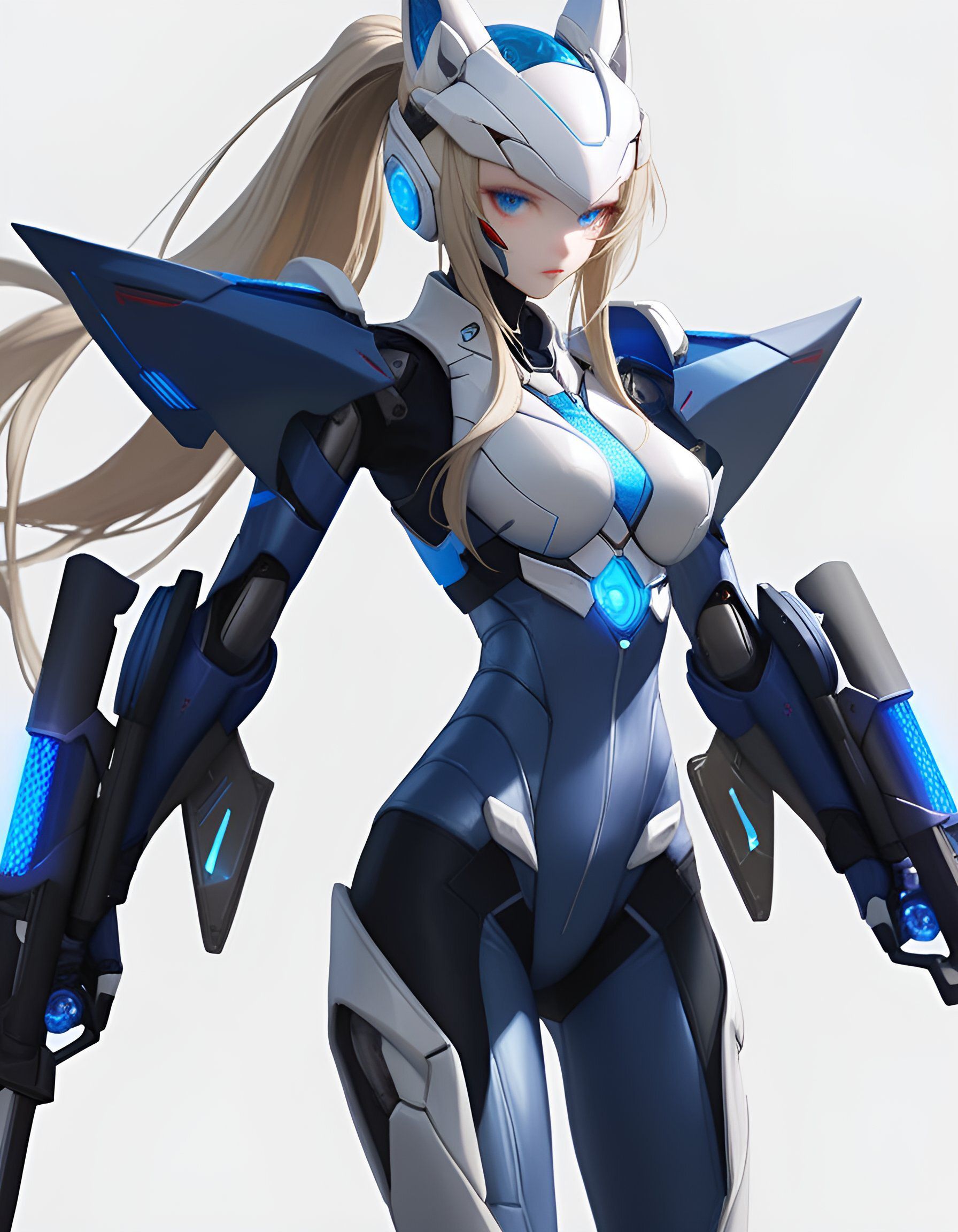 科幻蓝白色发光条纹机甲狐耳女战士