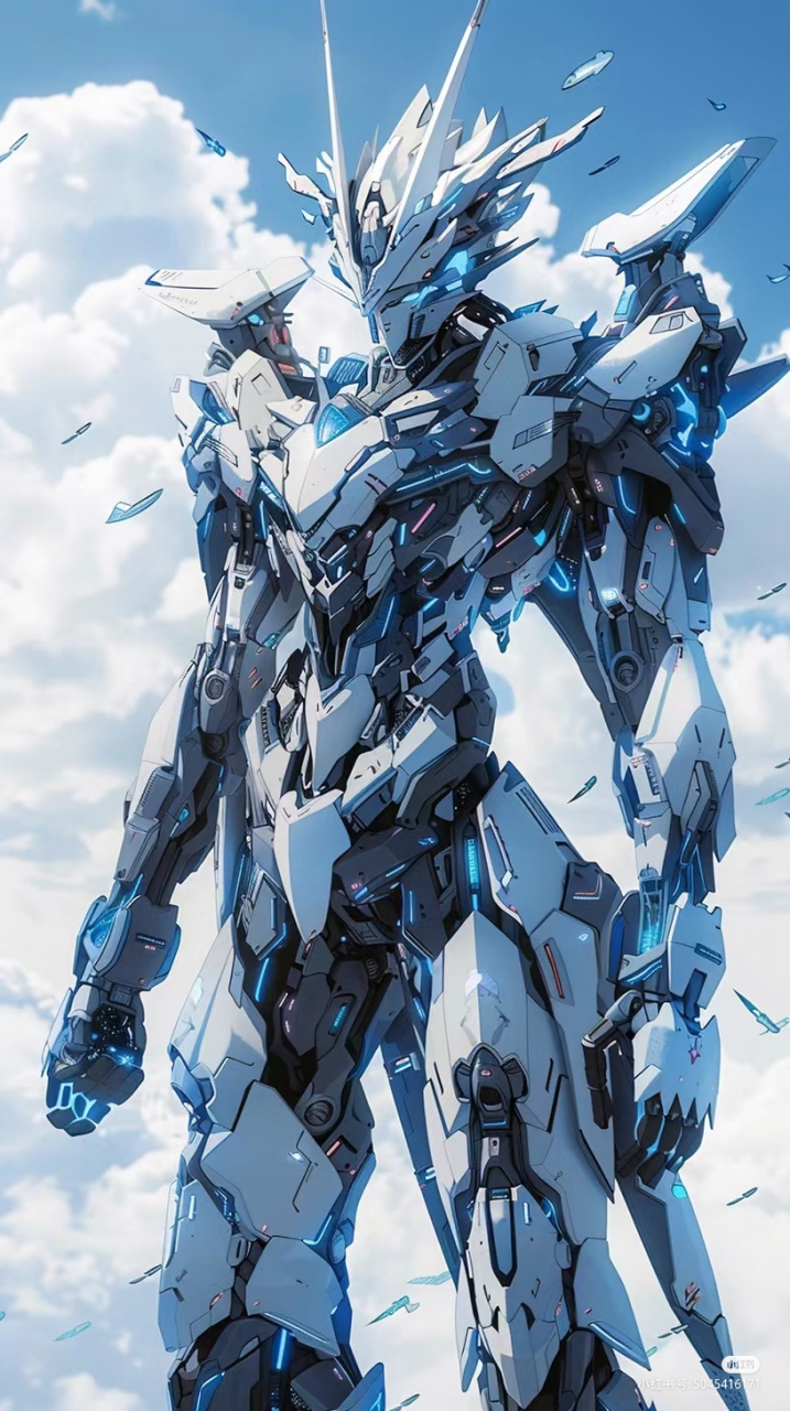 科幻高科技高达机甲战士站立在蓝天之下