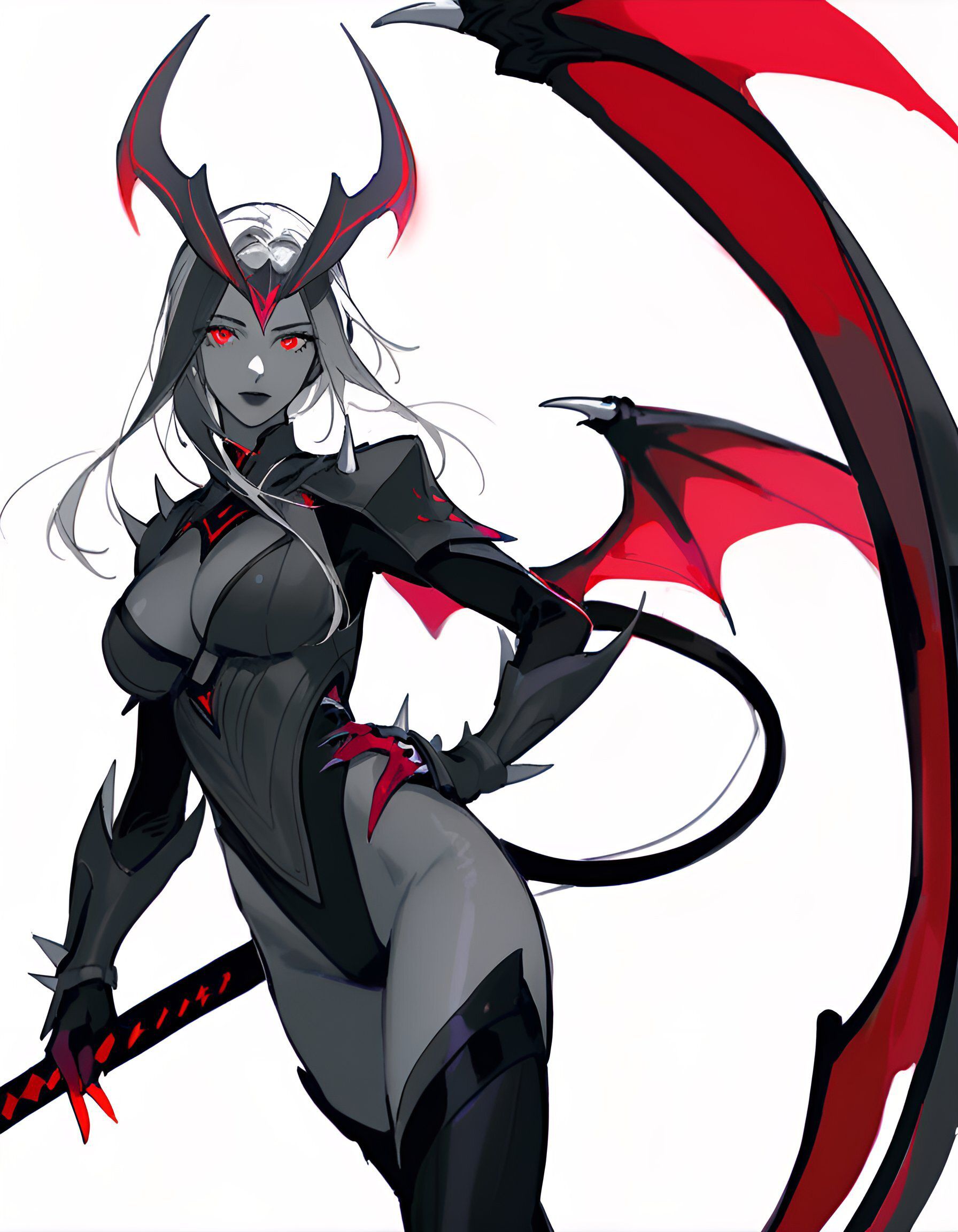 长有恶魔翅膀尾巴手持红色红光剑的红眼晴恶魔女剑圣