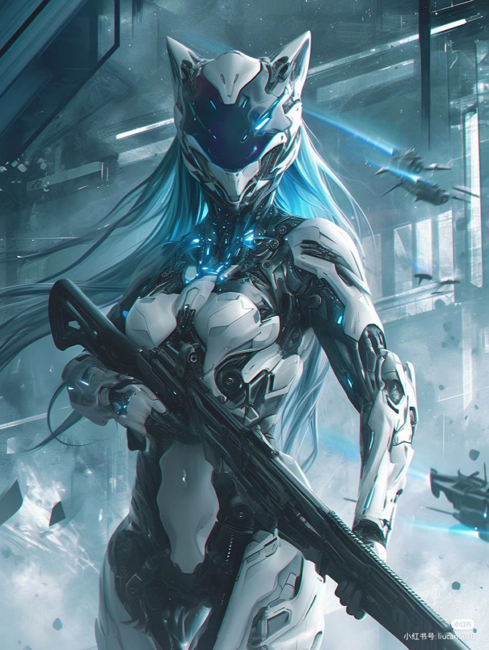 科幻世界#未来高科技 蓝白色狐耳女机甲战士